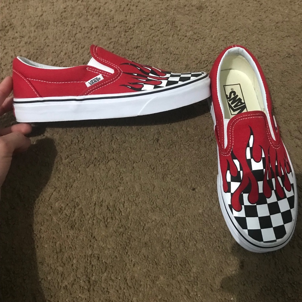 Black white and red check vans